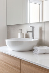 Fototapeta premium Modern minimalist bathroom interior, modern bathroom cabinet, white sink 