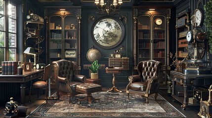 Victorian steampunk-inspired study with leather armchairs, brass accents, and vintage scientific instruments. - obrazy, fototapety, plakaty