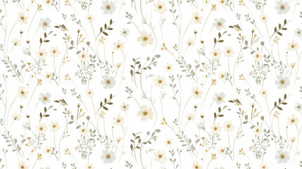 A seamless pattern with cute little chamomile flowers, leaves and branches in a simple and minimalistic style. The pattern is suitable for printing on fabric, paper, etc.