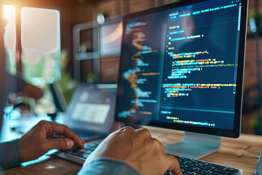 Project managers work new idea. Mobile app developer. Innovative startup project. Website programming code
