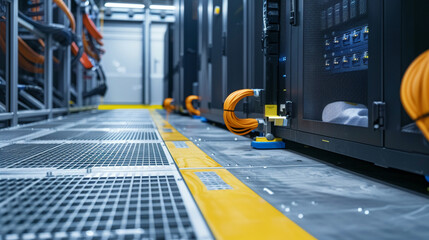 Detailed photo of a raised floor in a datacenter, showing suction tools and cables neatly arranged on racks for efficient management