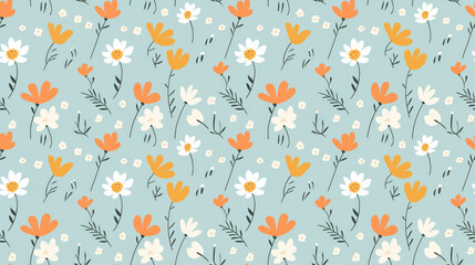Cute seamless vector pattern with simple flowers and leaves.