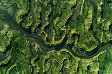 Fototapeta premium An aerial view of the terrain features created by river erosion, surrounded by lush green vegetation.