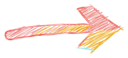 Crayon-drawn multicolored arrow, cut out - stock png.
