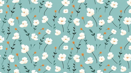 Fototapeta premium A seamless pattern of simple white flowers and yellow buds on a blue background.