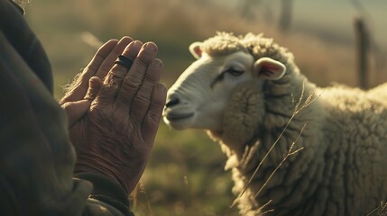 Two hands clasped together in prayer as a beautiful white sheep stands serenely nearby, ready for...