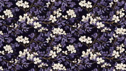 Obraz premium A seamless pattern of white and purple flowers on a dark background.