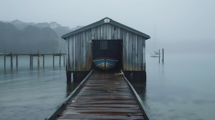 Wooden boat house sits at the end of a jetty, with boat in the rain
