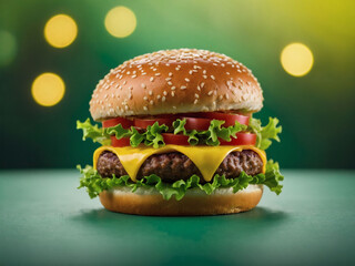 Whimsical Yellow Hamburger Concept against a Green Background.