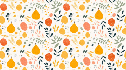 A seamless pattern with cute fruits and leaves.