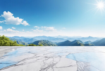 Empty Marble Floor with Panoramic Sky View of Mountain Under Morning Blue Sky
