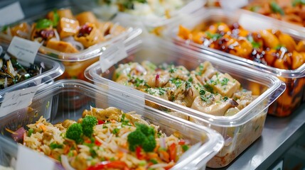 Diverse Gourmet Meals Prepared for Delivery from a Bustling Urban Kitchen