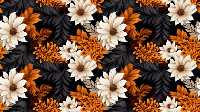 A seamless pattern with a floral motif in an autumnal color scheme