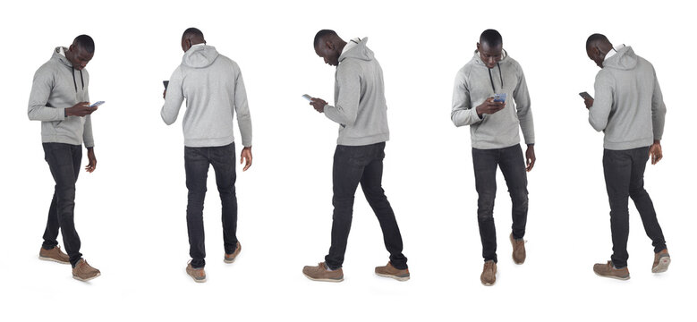 line of a group of same man walking and looking at smartphone on white background