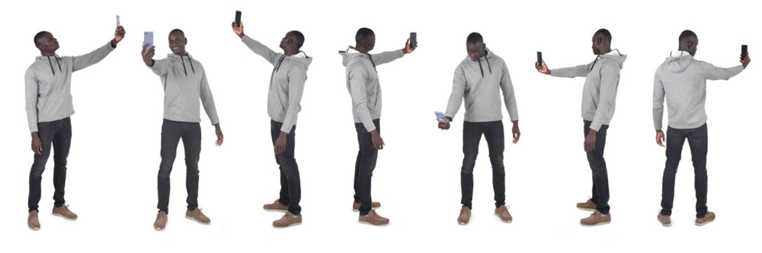 line of a group of same man making a self-portrait on white background