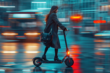 A businesswoman riding an e-scooter in the city. (Shallow depth of field)

