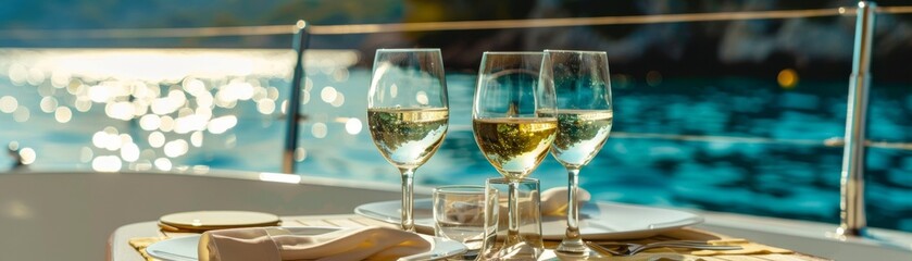 Luxury yacht dinner setting with wine glasses and ocean view, exclusive and opulent, suitable for highend travel or event promotions