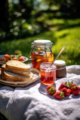 pique nique en extérieur petit déjeuner estival pain confiture fraises sur une table dans un champ