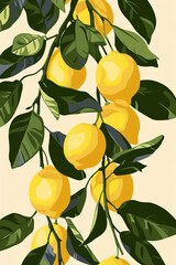 Branches with ripe yellow lemons and green leaves on a white background.