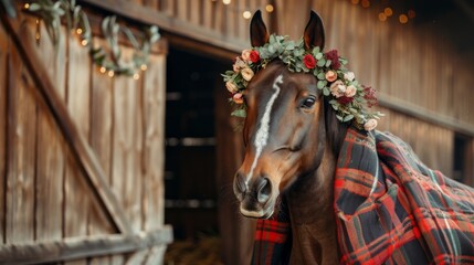 Horse dressed in a floral wreath and elegant blanket, rustic barn background, great for equestrian events or boutique ads