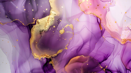 Abstract purple marble background texture, Vibrant mix with gold inks creating a mesmerizing marble effect,Alcohol ink painting abstract background, inky splashes, stains and golden glitter veins,