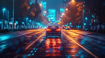 Obraz premium Autonomous vehicles connected by 5G, twilight hues, action shot, transportation evolution 