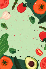 Frame made from raw organic vegetables on a green background. Restaurant menu design. Poster design. Copy space.