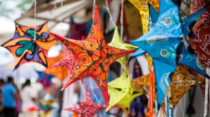 Handmade kites displayed at a local market, emphasizing craftsmanship, suitable for local artisan or craft fair promotions