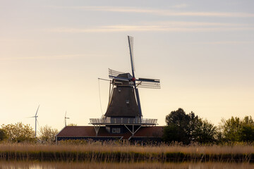 Countryside landscapes of polder in spring, The Molen Leonide along the Hooge Oude Veer river in Anna Paulowna, Traditional Dutch windmill with warm sunlight in the morning, Noord Holland, Netherlands