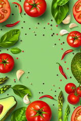 Frame made from organic tomato, avocado, basil, garlic, pepper on a green background. Restaurant menu design. Poster design. Copy space.
