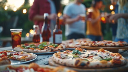 Group of friends sharing different pizzas at an outdoor party, lively and casual, suitable for social gathering and food service ads