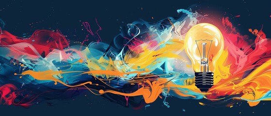 Grungy abstract vector illustration with light bulbs and color bursts. Ideal for website backgrounds, posters, and marketing materials.