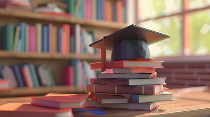 A captivating 3D model of a graduation cap on top of a stack of books accessible to everyone, symbolizing equal access to education for all  ,3DCG