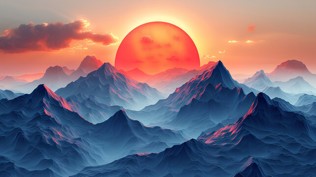 3D illustration of mountains, the sun and moon rising above them, digital art style, soft atmospheric perspective, red sky blue background, high resolution, cinematic light. Ai Generative