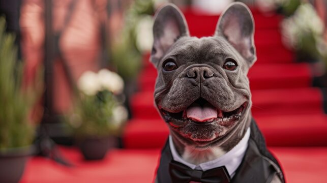 French bulldog in a tuxedo attending a blacktie event, red carpet background, suitable for highend pet fashion promotions