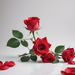 A red rose is shown against a white background.