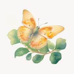 A watercolor painting of a yellow butterfly on a branch with green leaves.