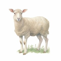 A watercolor painting of a sheep standing on green grass and looking at the viewer.