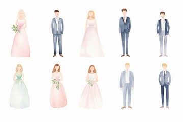 Watercolor illustration of a bride and groom, bridesmaids and groomsmen.