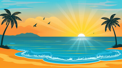 Fototapeta na wymiar Tropical beach, blue ocean, sandy island, palm trees at sunset. Copy space. Banner, poster, cover design.