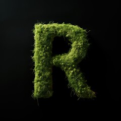 Letter R with moss. Large soft forest font. Green typographic symbol made of leaves. Concept of comfort