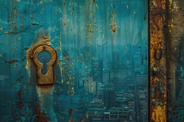Blue wall with golden keyhole window and city view-