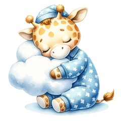 Fototapeta premium Sweet illustration of a baby giraffe in pajamas and a nightcap, sleeping soundly while hugging a fluffy cloud. Perfect for children's designs, bedtime stories, and nursery decor.