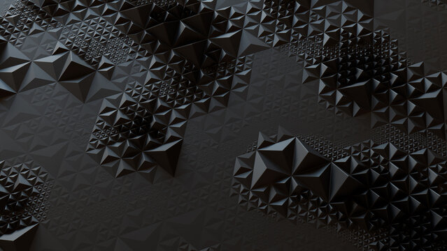 Dark Modern Surface with Tetrahedrons. Black, Polygonal 3d Banner.