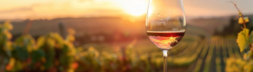 Elegant wine glass set against the backdrop of a vineyard at sunset, perfect for winery tours or wine tasting event promotions