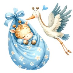 Adorable baby giraffe sleeping soundly in a blue blanket as a stork gently carries him. Sweet illustration perfect for baby showers, birth announcements, or children's decor.