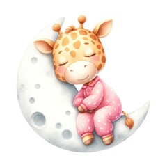 A sweet baby giraffe in pajamas peacefully sleeps on a crescent moon. Dreamy watercolor illustration perfect for children's books, nursery decor, and lullaby-themed designs.
