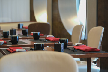 Elegant Japanese Sushi a la carte restaurant dining room onboard luxury cruiseship or cruise ship...