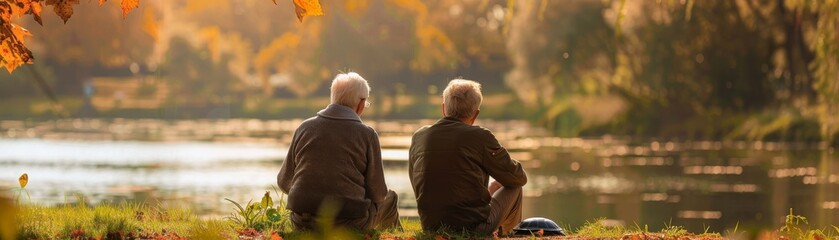 Fototapeta premium Elderly couple watching turtles at a nature reserve, peaceful and serene, ideal for senior travel tours or leisure activity ads