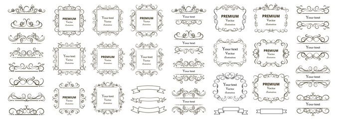 Calligraphic design elements . Decorative swirls or scrolls, vintage frames , flourishes, labels and dividers. Retro vector illustration